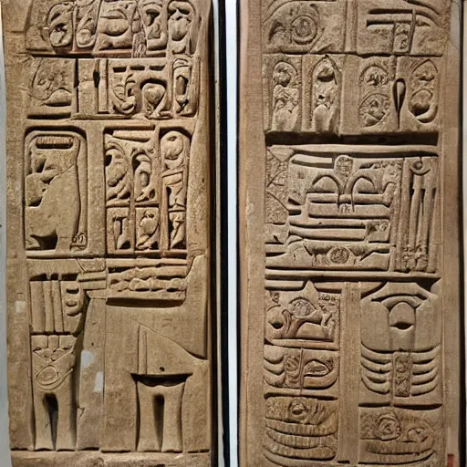 Prompt: two ancient carved Akkadian stone tablets by Kilian Eng, by Sandra Chevrie