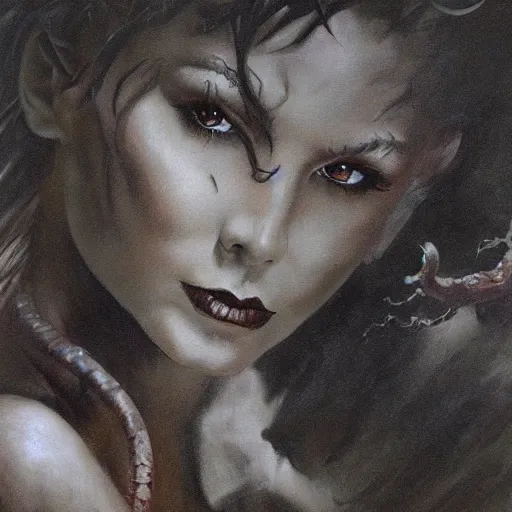 Image similar to ultra realistic portrait painting of a demon girl in hell, art by frank frazetta, vintage levi ’ s ad, stormy weather, dark vibes, 4 k, ultra realistic, highly detailed, epic lighting