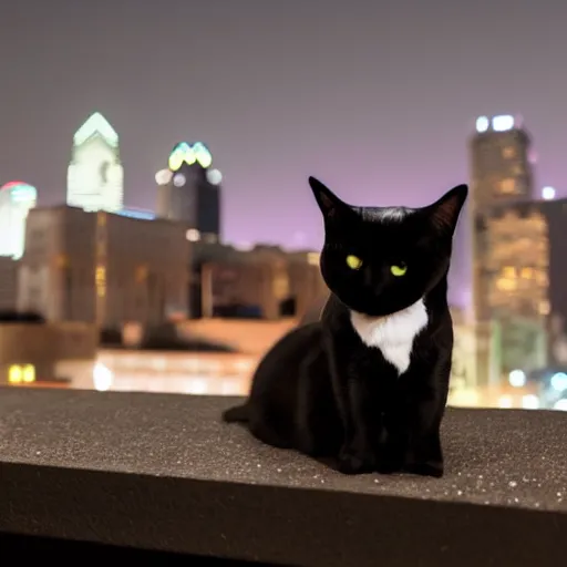 Image similar to photo of black photo of a Tuxedo Cat wearing a top hat, sitting on a rooftop at night time, Philadelphia skyline at night in the background