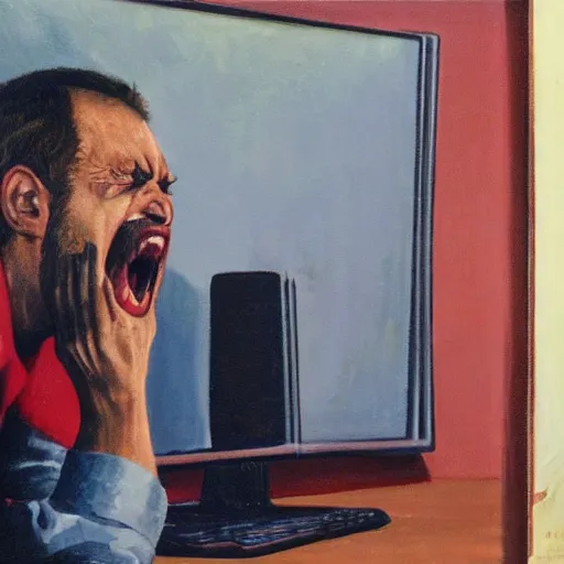 Image similar to an angry man screams at his computer monitor, oil on canvas, 1 9 6 7, highly detailed