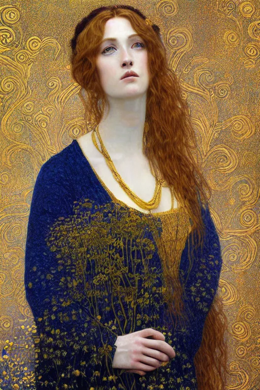 Prompt: Portrait of a Beautiful sad female, elegant, digital painting, Pre-Raphaelites, highly detailed, concept art, smooth, sharp focus, gold and indigo, illustration, art by Klimt .