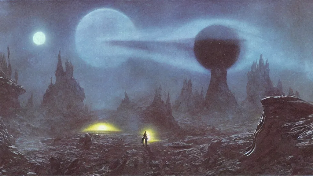 Prompt: eerie atmospheric alien planet empire by jack gaughan and bob eggleton and chris moore, epic cinematic matte painting