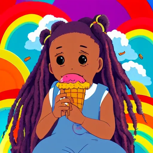 Prompt: a little 👧🏾 girl with dreads eating ice cream smiling, sitting on top of a rainbow, studio ghibli style