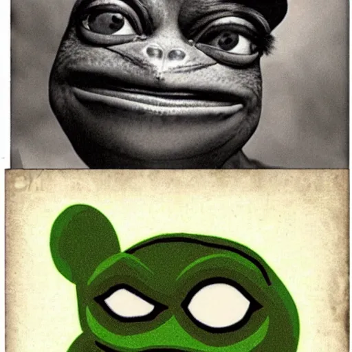 Image similar to pepe the frog, realistic old photograph