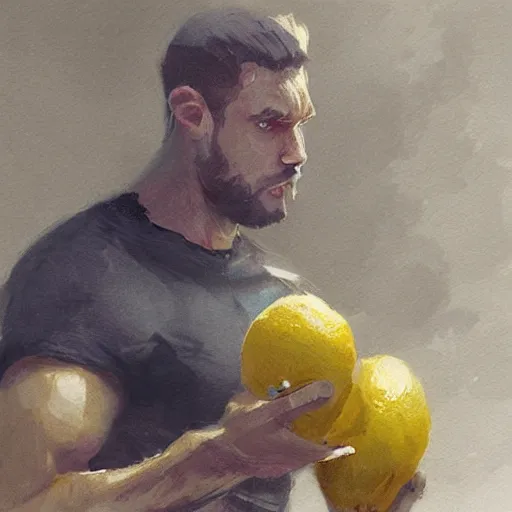 Image similar to lemon fruit as gigachad working out by greg rutkowski