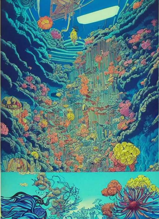 Prompt: 70s vintage anime illustration by Studio Ghibli and by James Jean, giant underwater cliffs at night filled with glowing (((anemones))) by Jeffery Smith by Mati Klarwein, underwater Atlantean city landscape is hyper detailed and lights up the dark sea, bright bold colors, a surreal magical aura surrounds this hidden city lighting up the darkness