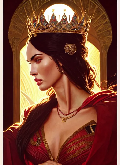 Image similar to portrait of megan fox as a queen, throne, jewelry, greek, ruby, intricate, headshot, highly detailed, digital painting, artstation, concept art, sharp focus, cinematic lighting, illustration, art by artgerm and greg rutkowski, alphonse mucha, cgsociety