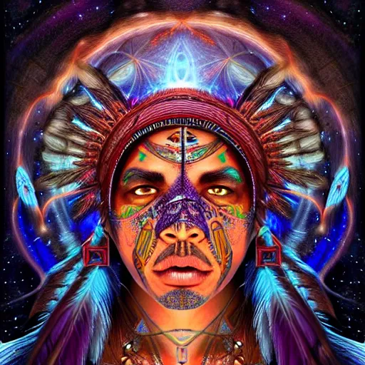 Prompt: : taino indian shamen fantasy, cosmic fantasy magic, cosmos, intricate, sharp focus, illustration, highly detailed, digital painting, concept art, matte, jahbu art and paul lewin masterpiece