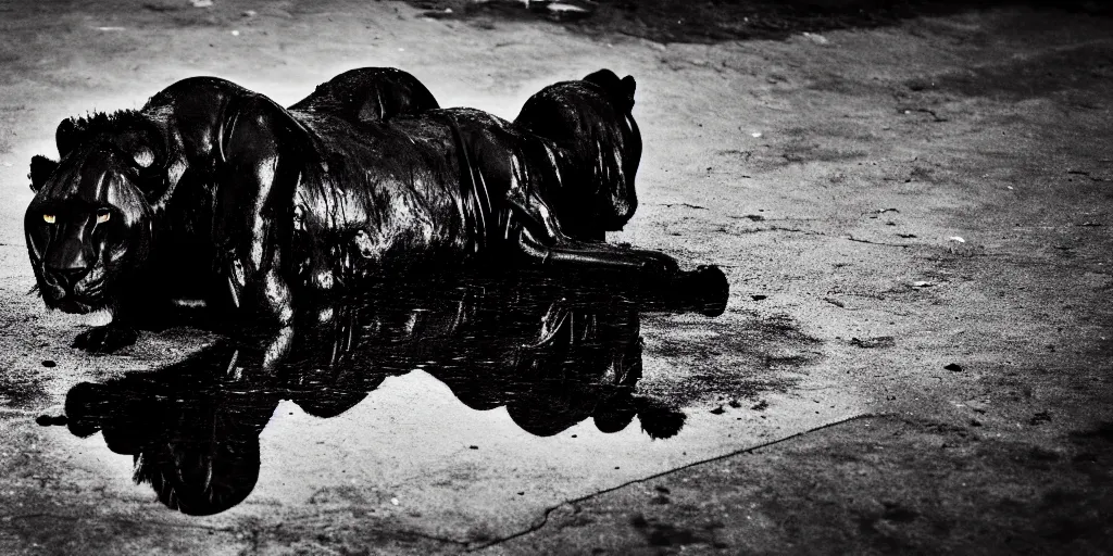 Prompt: the black lioness made of tar, dripping tar, dripping goo, sticky black goo, laying on their back bathing in the pit filled with tar, dripping goo, sticky black goo. photography, dslr, reflections, black goo, rim lighting, cinematic light, tar pit, chromatic