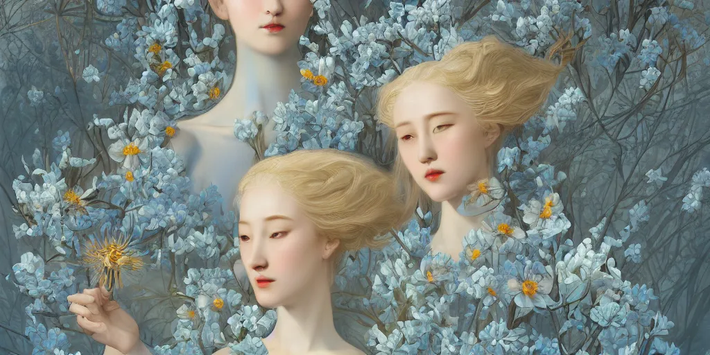 Image similar to breathtaking detailed concept art painting art deco pattern of blonde faces goddesses amalmation light - blue flowers with anxious piercing eyes and blend of flowers and birds, by hsiao - ron cheng and john james audubon, bizarre compositions, exquisite detail, extremely moody lighting, 8 k