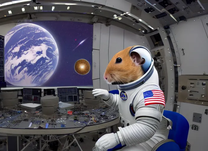 Image similar to film still of a hamster working for mission control at nasa, 8 k