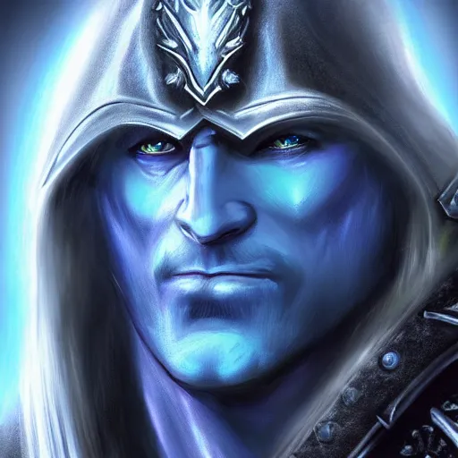 Image similar to portrait of arthas from warcraft, highly detailed, centered, solid color background, digital painting