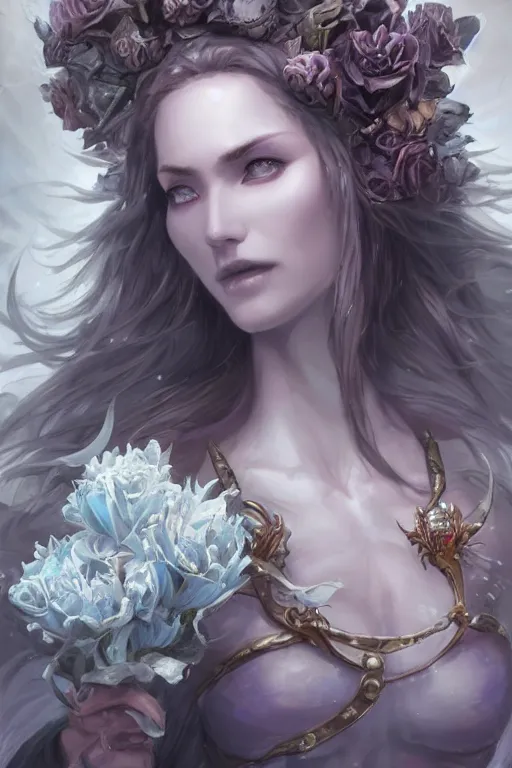 Prompt: face closeup beautiful girl necromancer covered with sculls and ice, wizard of the coast holding flowers and casting magic spell, angel, storm and thunder clouds, fantasy, magic the gathering, hyper detailed, 3 d render, hyper realistic detailed portrait, peter mohrbacher