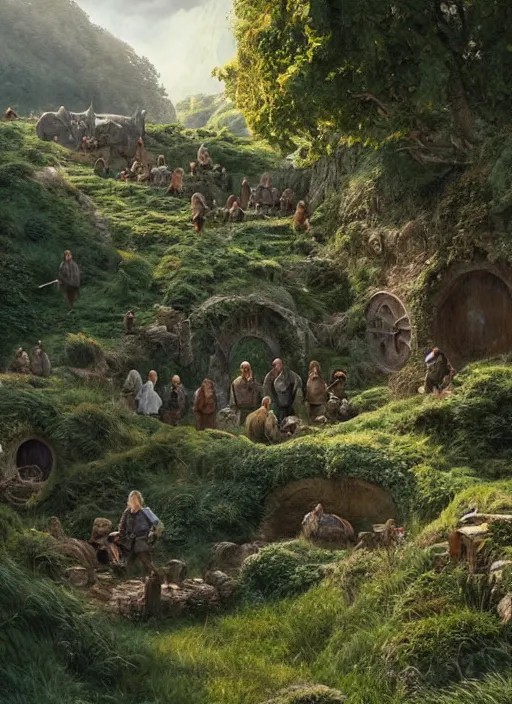 Image similar to hobbits in the shire scenery landscape, lord of the rings, highly detailed, perfect lighting, perfect composition, 4 k, artgerm, derek zabrocki, greg rutkowski