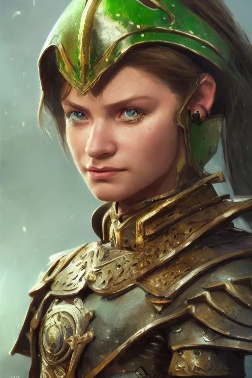 Prompt: highly detailed full body portrait painting of a proud young female knight in the style of Warhammer Fantasy by Craig Mullins, medium hair, green eyes, earrings, no helmet, low angle shot, highly detailed, trending on artstation, cgsociety, 4k, 8k, HDR, octane render, unreal engine