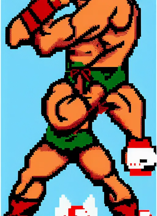 Image similar to extreme long shot. 8 bit nes graphics. antropomorphic muscular masculine wolf. kickboxer fighter, in shorts. wolf head. furr on body. like game contra.