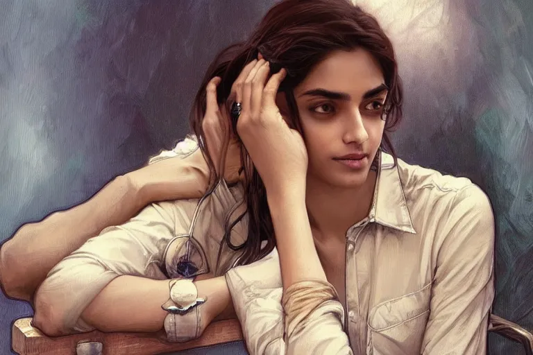 Image similar to Sensual good looking pale young Indian doctors wearing jeans in an airport, portrait, elegant, intricate, digital painting, artstation, concept art, smooth, sharp focus, illustration, art by artgerm and greg rutkowski and alphonse mucha