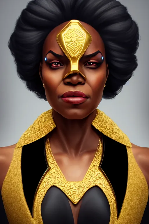 Prompt: portrait of black super woman, velvet gown,highly detailed and rendered gold jewelry, digital art, intricate, sharp focus, Trending on Artstation, HQ, unreal engine 5, 4K UHD image, by brom, artgerm, face by Otto Schmidt