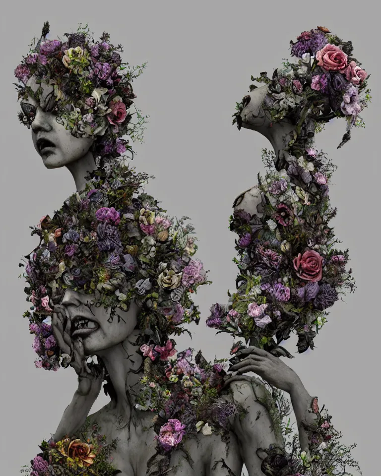 Prompt: front view of a gothic cemetery statue made of flowers breaking apart and mutating into mist, Andrew Ferez, Charlie Bowater, Marco Mazzoni, Seb McKinnon, Ryohei Hase, Alberto Seveso, Kim Keever, trending on cgsociety, featured on zbrush central, new sculpture, mystical