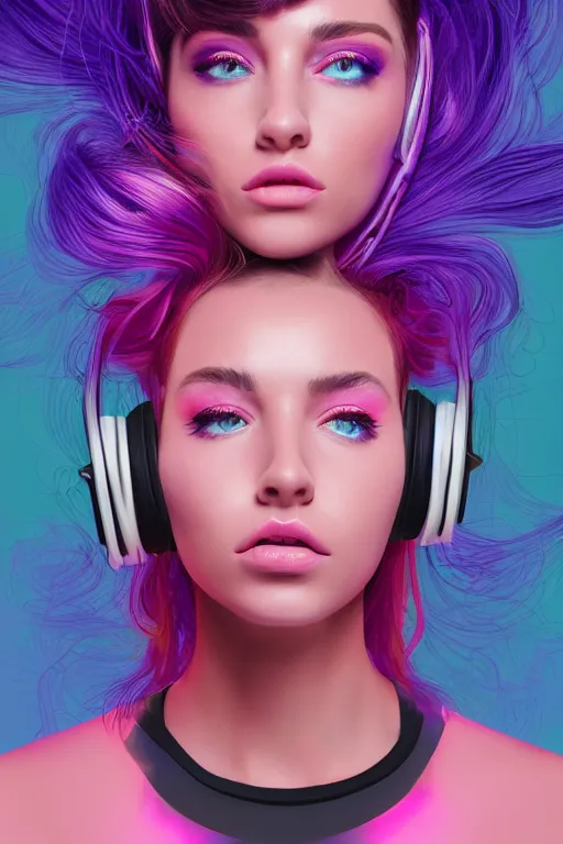 Image similar to a award winning half body portrait of a beautiful woman with stunning eyes in a croptop and cargo pants with ombre purple pink teal hairstyle with headphones on her ears by thomas danthony, surrounded by whirling illuminated lines, outrun, vaporware, shaded flat illustration, digital art, trending on artstation, highly detailed, fine detail, intricate