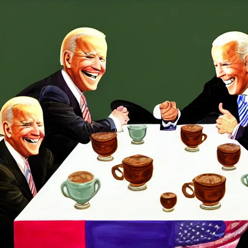 Prompt: a painting of joe biden laugh in tea party with taliban, ultra detailed content : face, gesture, body, mimic. random position content, frontal realistic, sharp focus, intricate, dynamic composition, 2 colors, delete duplicate contents.