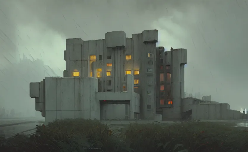 Image similar to painting of a wide angle exterior shot of a white concerete brutalist architecture stronghold modern castle with rainy and moody cinematic lighting by darek zabrocki and greg ruthkowski, alphonse mucha, simon stalenhag and cinematic and blue cold atmospheric, archillect concept art, artstation, trending on artstation