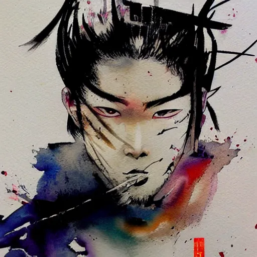 Prompt: samurai by takehiko Inoue and Ross Tran, expressive sumi-e and colorful watercolor, powerful zen composition, expressive brush strokes that flow across the painting.