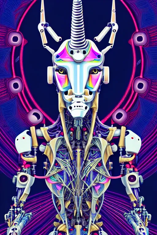 Prompt: a centered uncut fullbody frontview portrait of a robotic unicorn headed biomechanical creature by clogtwo and subjekt zero feat paul lewin and ø - cult. intricate detailed sharp clean textured very ornated. indian style tapestry design. hd. 4 k. lowbrow color palette