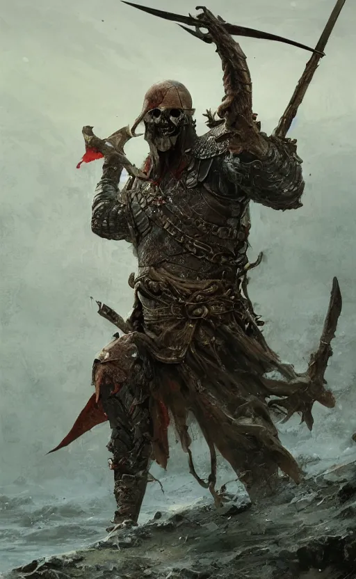 Image similar to medieval knight cutting in half pirate body on bloody shore, front game card, drark, marvel comics, dark, intricate, highly detailed, smooth, artstation, digital illustration by ruan jia and mandy jurgens and artgerm and wayne barlowe and greg rutkowski and zdislav beksinski