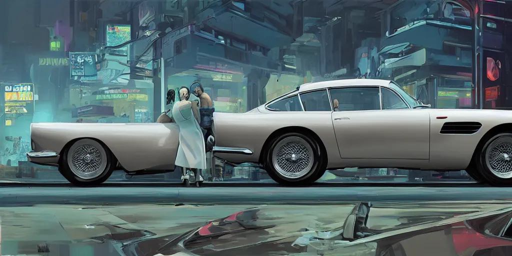 Image similar to art style by Ben Aronson and Edward Hopper and Syd Mead, wide shot view of the Cyberpunk 2077, on ground level. full view of the Aston Martin DB4 1958 with wide body kit modification and white pearl holographic paint.