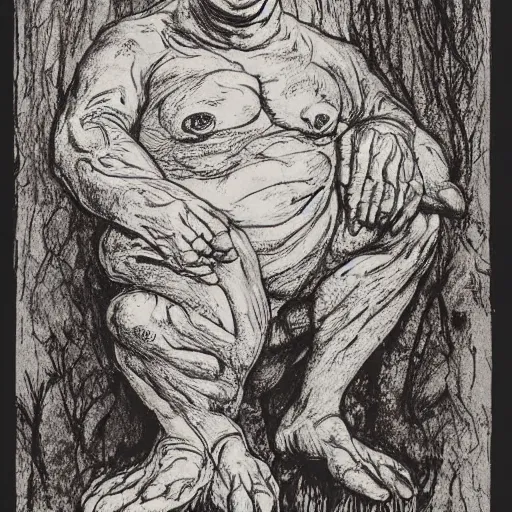 Image similar to toad philosopher toad in a pose The Thinker, swamp, by Auguste Rodin, by Irving Penn, illustrations by irish fairy tales james stephens arthur rackham, fairy tale illustrations, illustrations by Stephen Reid