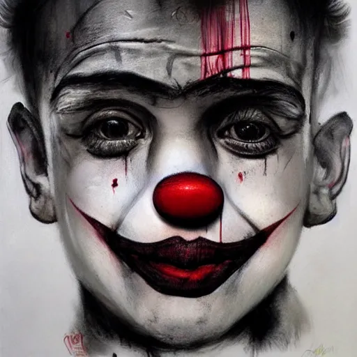 Prompt: Portrait of a young Clown that has an expression of joy with black tears on his face by Guy Denning by Artgerm