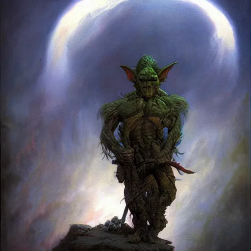 Prompt: beautiful realistic fantasy painting of a goblin moon, by pascal blanche and Frazetta and Beksinski, volumetric lighting, trending on art station, polarizer filter