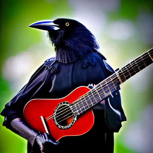 Prompt: annie leibovitz photograph of an anthropomorphic crow guitarist, photorealistic, bokeh, 5 0 mm