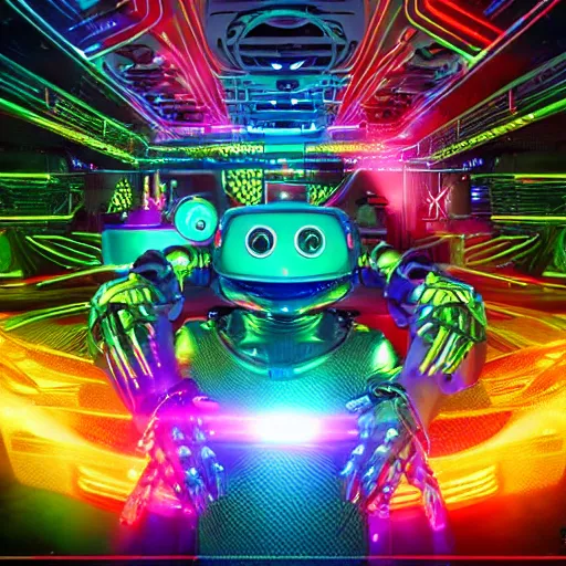 Prompt: robofrog cybercore disco rave. bright scene. fine detail. this 4 k hd image is trending on artstation, featured on behance, well - rendered, extra crisp, features intricate detail, epic composition and the style of unreal engine.