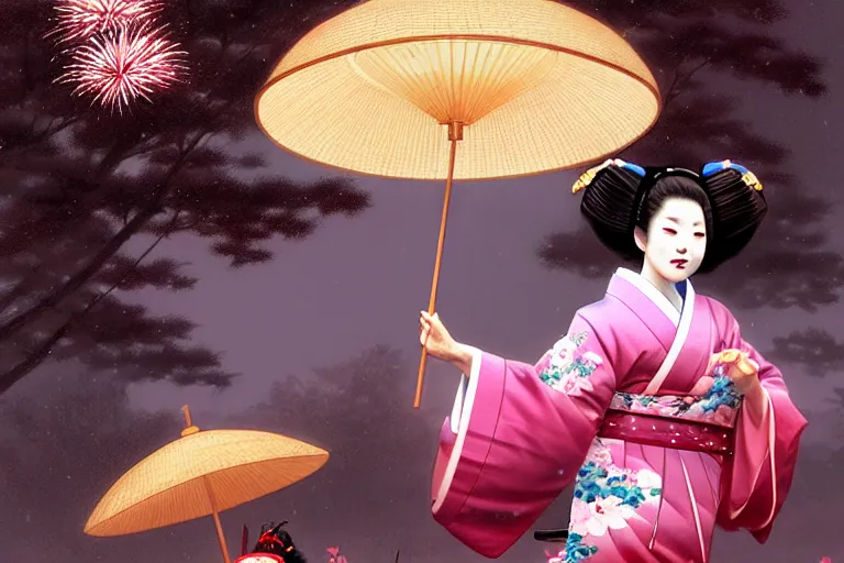 Image similar to a beautiful geisha tardigrade!!! wearing a kimono at a fireworks sakura festival. rainy, dreamlike art, mist, realistic shaded, fine details, 4 k realistic, cryengine, realistic shaded lighting poster by greg rutkowski, magali villeneuve, artgerm, jeremy lipkin and michael garmash and rob rey