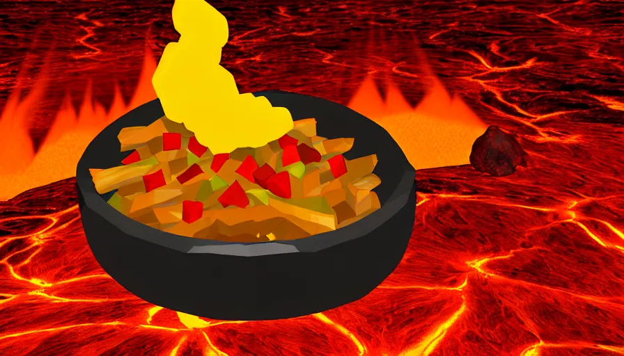 Prompt: poutine ( the canadian meal ) from mount doom, volcano texture, lava texture, fire texture, low poly