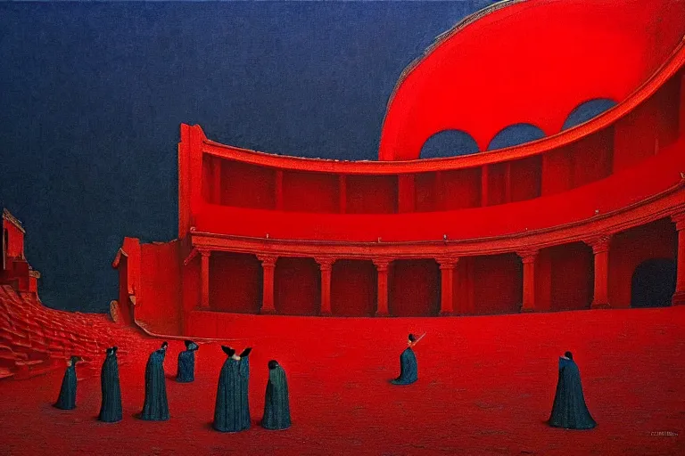 Image similar to only with red, a red melted emperor, taormina amphitheatre, crowd hails him, in the style of beksinski, parts by edward hopper, parts by rodcenko, parts by yue minjun, intricate and epic composition, red by caravaggio, insanely quality, highly detailed, masterpiece, red light, artstation, 4 k