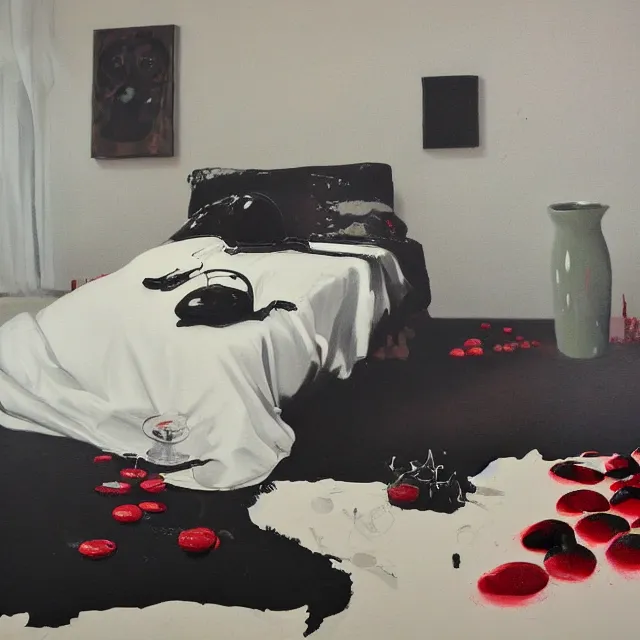 Image similar to bedroom room with black walls and a futon, sensual portrait of a woman sleeping, cracked handmade pottery vase, white flowers on the floor, puddle of water, octopus, squashed berries, neo - expressionism, surrealism, acrylic and spray paint and oilstick on canvas