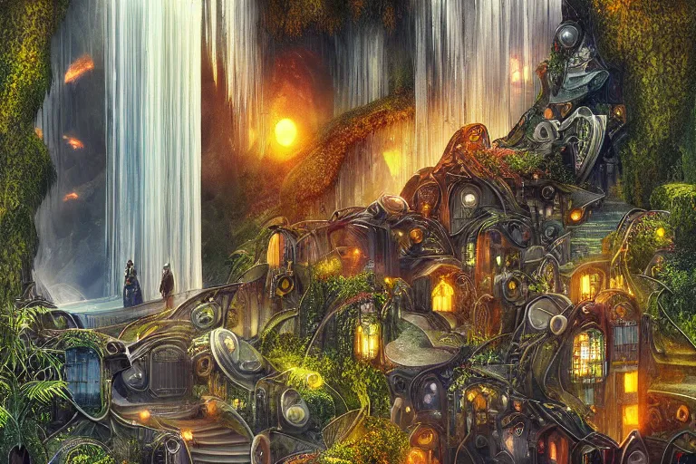 Image similar to elegance, futuristic waterfall favela graveyard honeycomb hive, art nouveau environment, magma, industrial factory, award winning art, epic dreamlike fantasy landscape, ultra realistic,