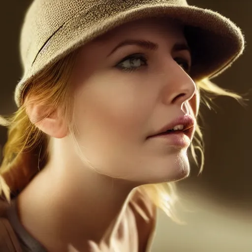 Prompt: portrait of 2 3 - year - old woman with angle lost profile looking away, happy women, cinematic colors, medium yellow blond hair, brown hat, hair comes out of the hat a little, caracter look like tomb raider realistic