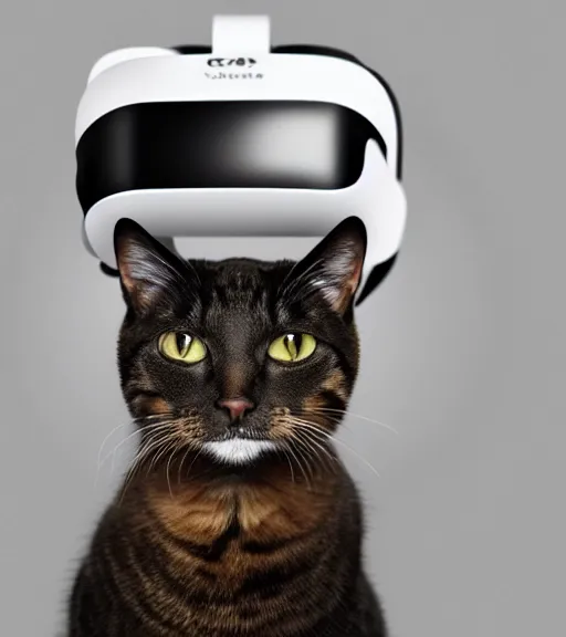 Image similar to a 4 k photorealistic photo of a cat wearing a white vr headset on her head