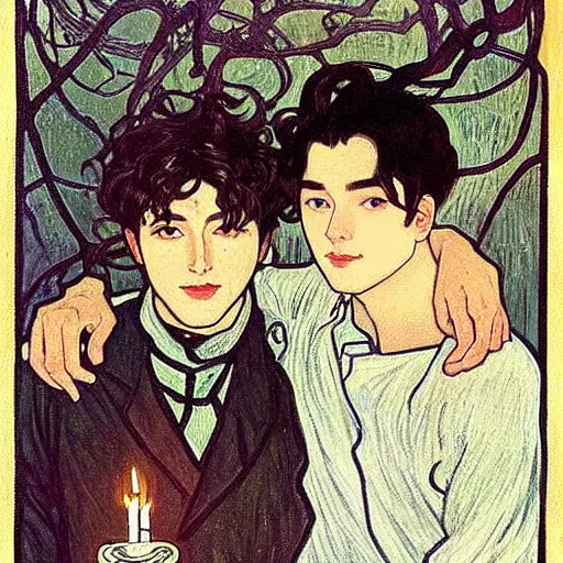 Prompt: painting of young cute handsome beautiful dark medium wavy hair man in his 2 0 s named shadow taehyung and cute handsome beautiful min - jun together at the halloween! party, bubbling cauldron!, candles!, smoke, autumn! colors, elegant, modest, wearing suits!, delicate facial features, art by alphonse mucha, vincent van gogh, egon schiele