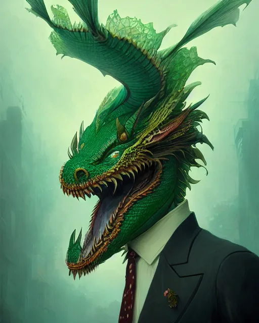 Image similar to anthropomorphic art of a businessman dragon, green dragon, portrait, victorian inspired clothing by artgerm, victo ngai, ryohei hase, artstation. fractal papers and books. highly detailed digital painting, smooth, global illumination, fantasy art by greg rutkowsky, karl spitzweg