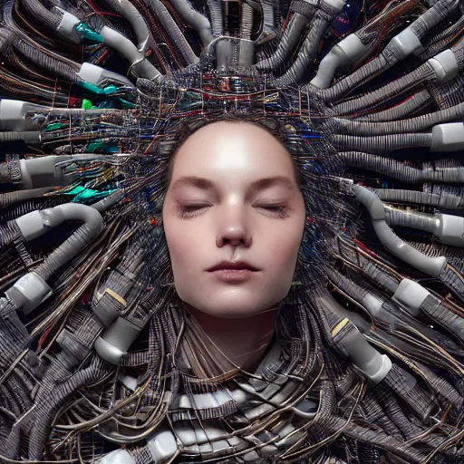 Prompt: tapping in to something greater, piles of modular synth cables, goddess laying down wearing a headpiece made of circuit boards, by cameron gray, wlop, stanley kubrick, masamune, hideki anno, unique perspective, trending on artstation, 3 d render, vivid