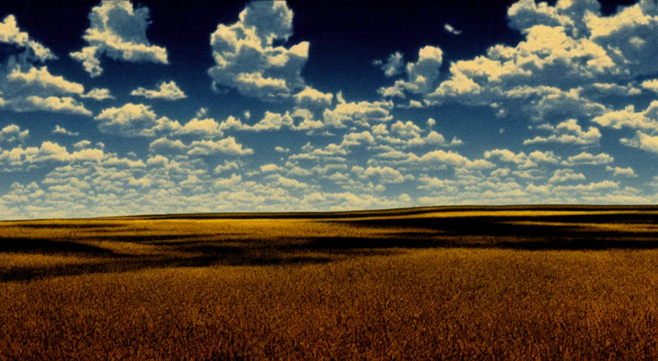 Image similar to film still of kansas landscape and sky, intricate, beautiful, serene, majestic, detailed, ultra, mega, super, visable sounds waves