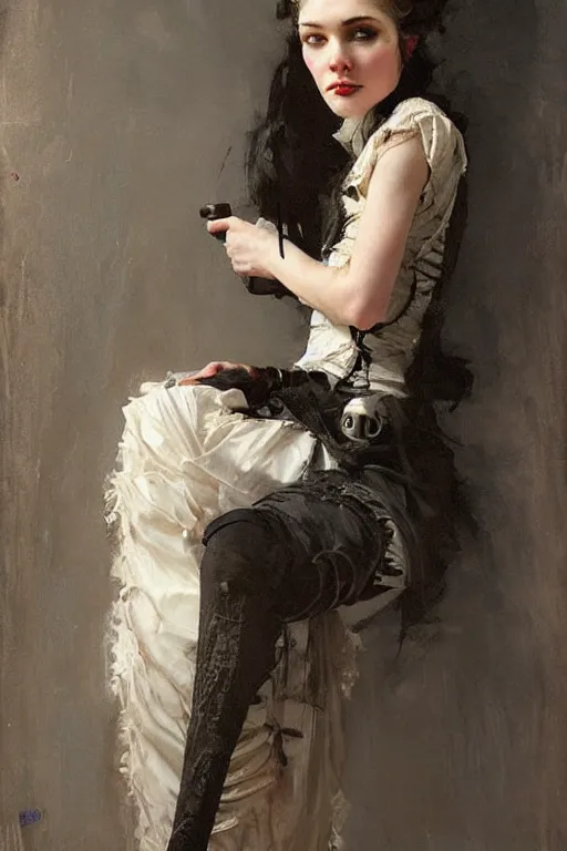 Image similar to Richard Schmid and Jeremy Lipking full length portrait painting of a young beautiful victorian steampunk vampire woman