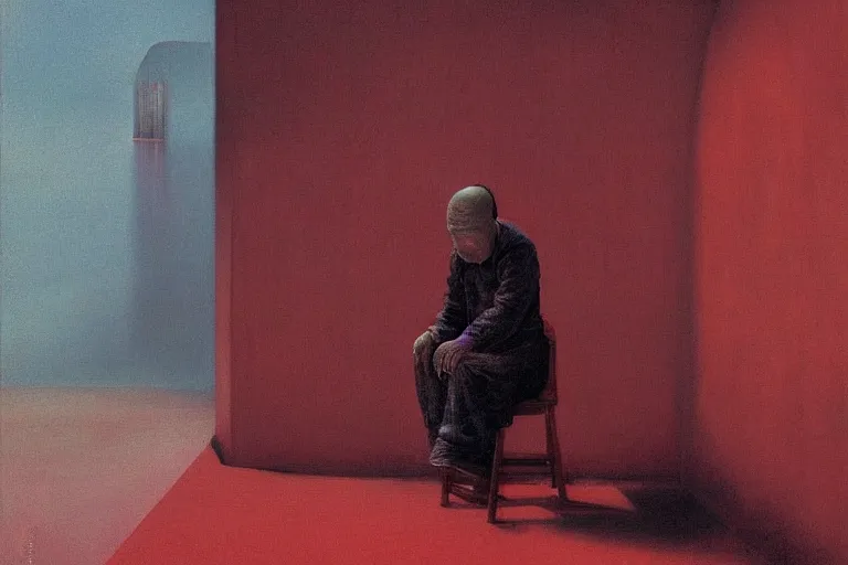 Image similar to a uyghur prisoner, in the style of beksinski, parts by edward hopper, parts by rodcenko, parts by yue minjun, intricate and epic composition, symmetrical, red by caravaggio, insanely quality, highly detailed, masterpiece, red light, artstation, 4 k