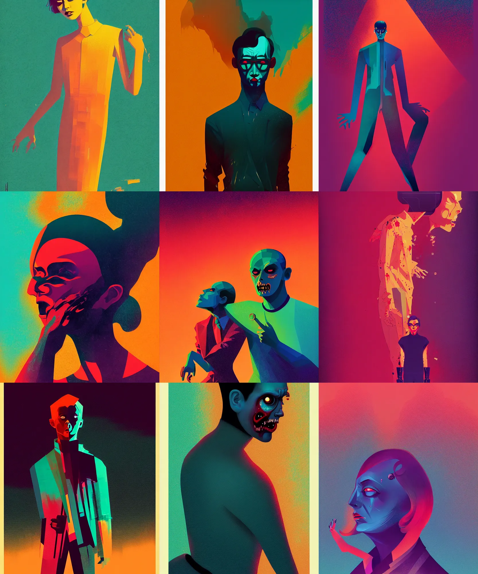 Prompt: ( ( dither ) ), editorial illustration full body portrait of zombie - chang posing, dynamic pose, modern art deco, colorful, ( ( mads berg ) ), christopher balaskas, victo ngai, rich grainy texture, detailed, dynamic composition, wide angle, matte print