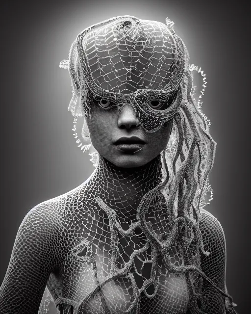 Prompt: surreal mythical dreamy artistic black and white fine art photo of a beautiful young female queen - medusa - cyborg covered with lace fish scales and translucent algae, highly detailed, intricate crystal ivy lace jelly fish scales ornate, poetic, octane render, 8 k, photo - realistic